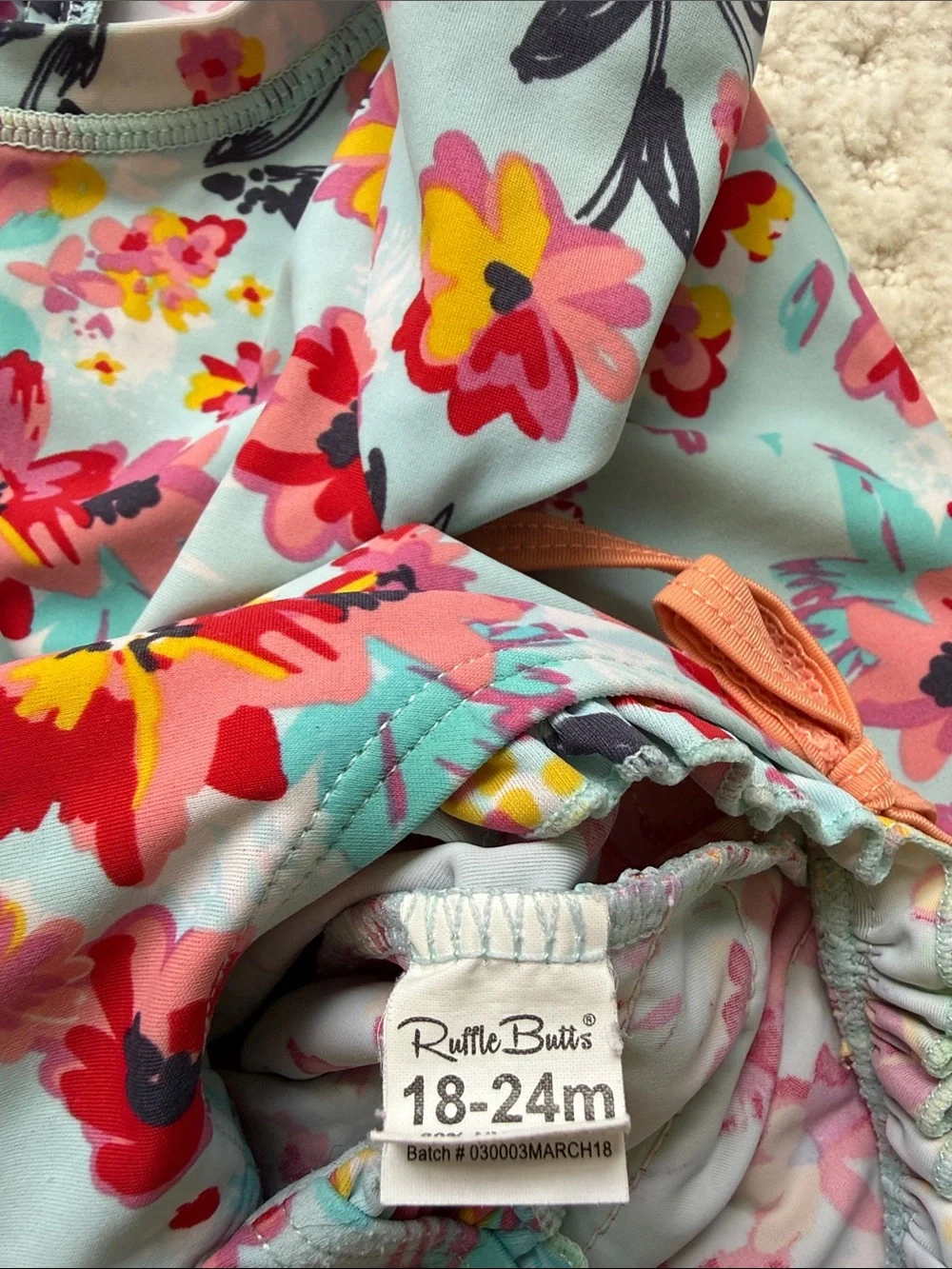 Ruffle Butts Aqua Floral Long-Sleeve Swim One-Piece with Pink and Yellow Flowers
